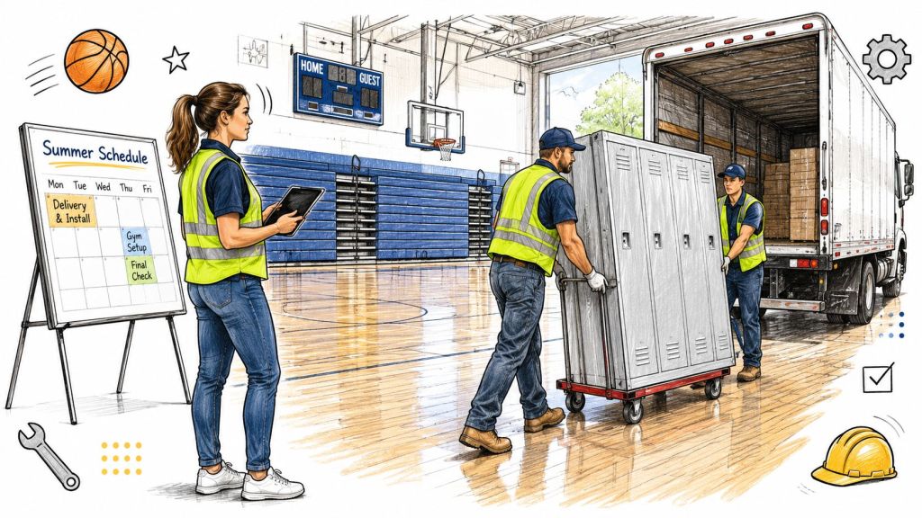 Workers moving new locker units into a school gymnasium while a supervisor checks the schedule on a tablet.