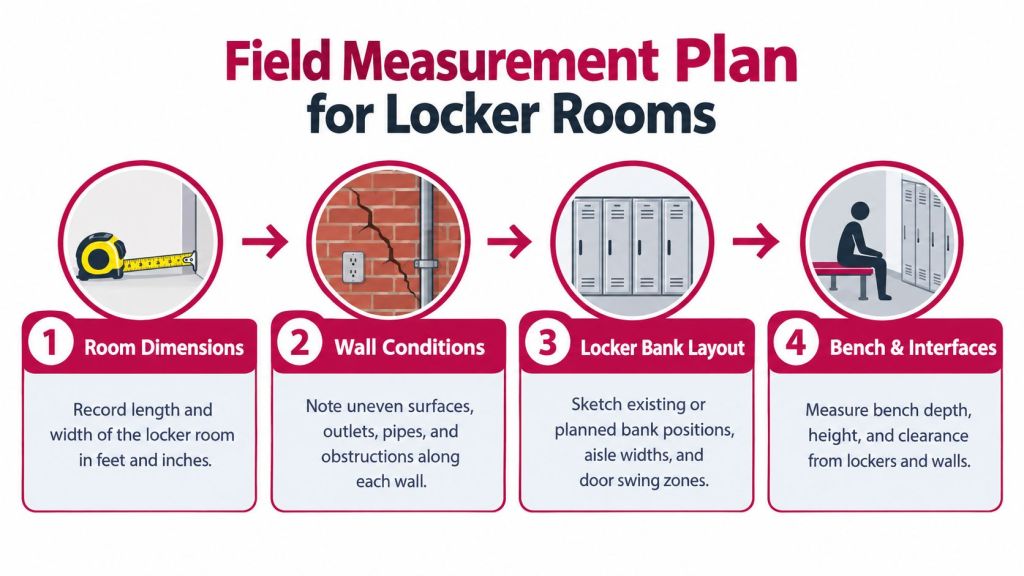 A four-step infographic illustrating the professional process for measuring locker rooms before new installation.