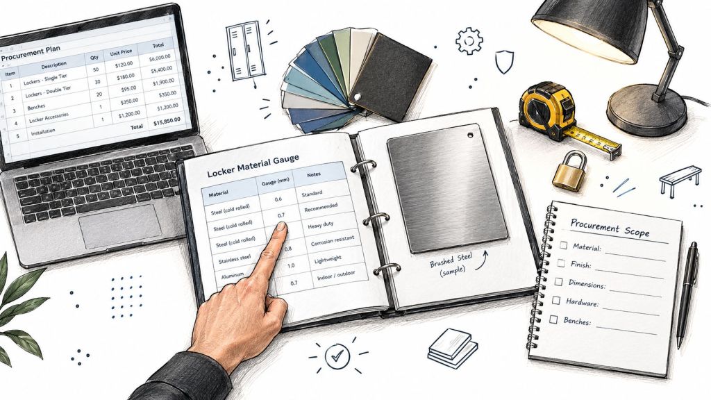 A hand pointing to a material gauge chart in a binder next to a procurement plan laptop.