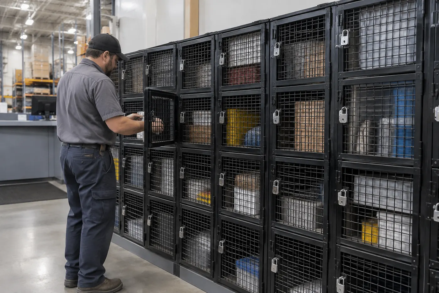 Service technician opening a padlocked compartment in a grid of black wire mesh parts lockers
