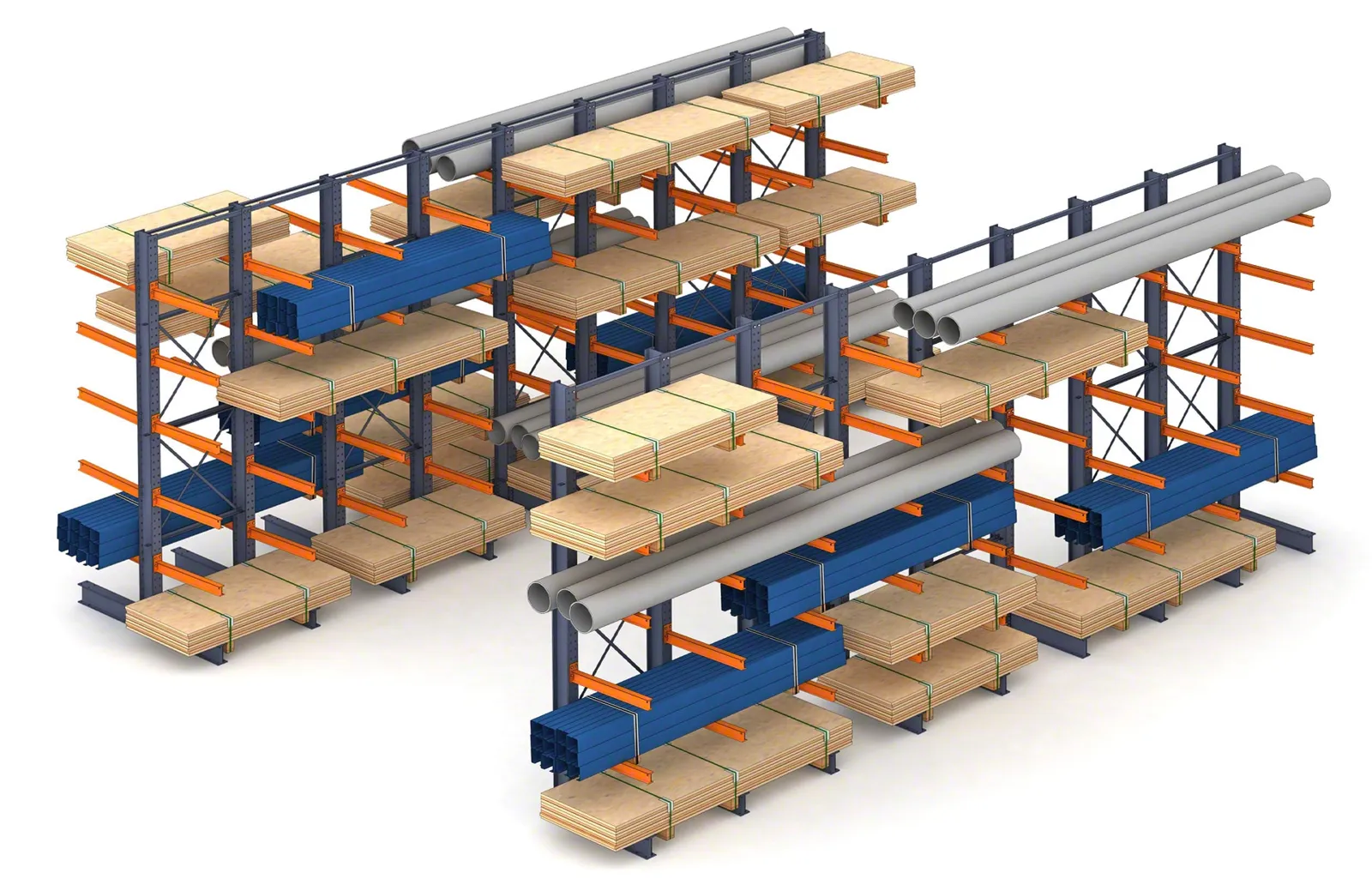 Banded sheet goods and panel bundles resting across cantilever rack arms, with pipe and steel profiles on neighboring levels