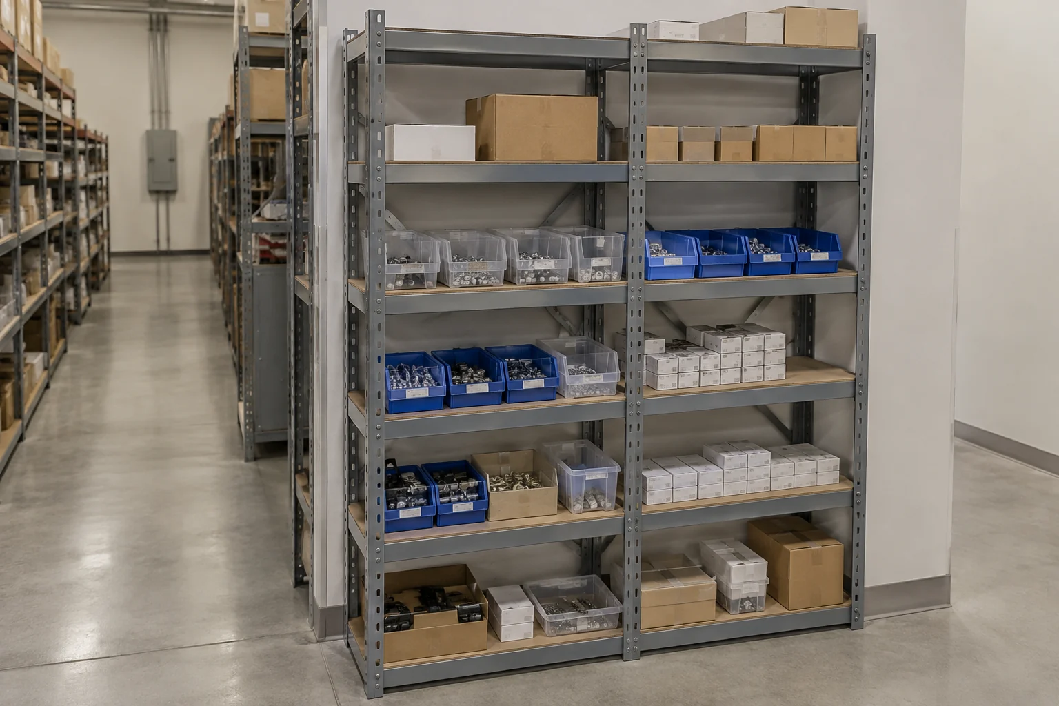 Shorter boltless shelving units holding bins of small electrical parts, fuses and boxed hardware kits
