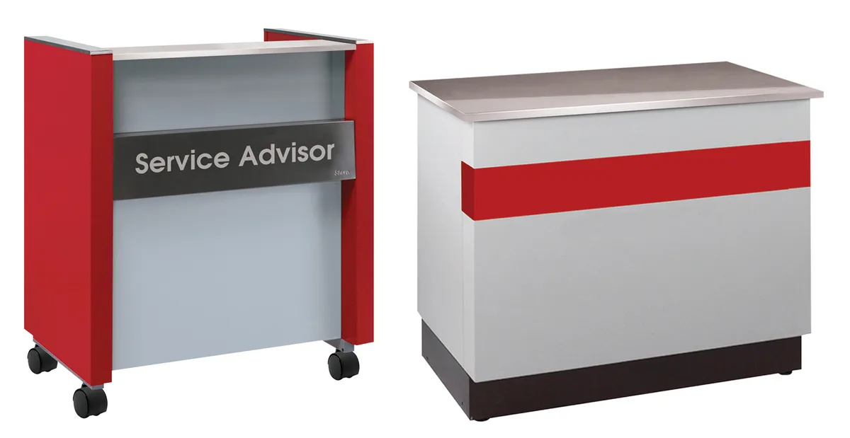 Mobile service advisor podium and stainless-top service writer desk unit for a dealership service drive
