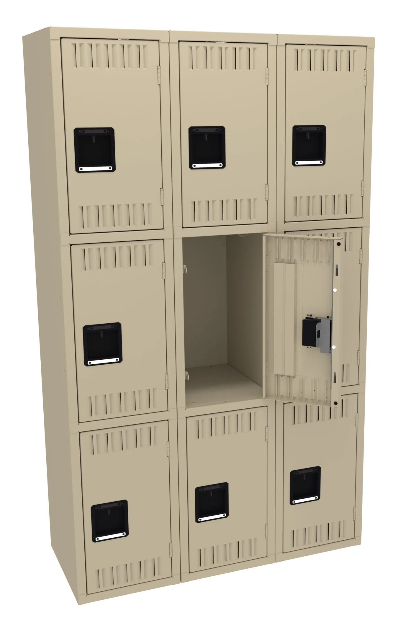 Tennsco 15 inch three-wide triple-tier steel locker in sand without legs, one middle door open
