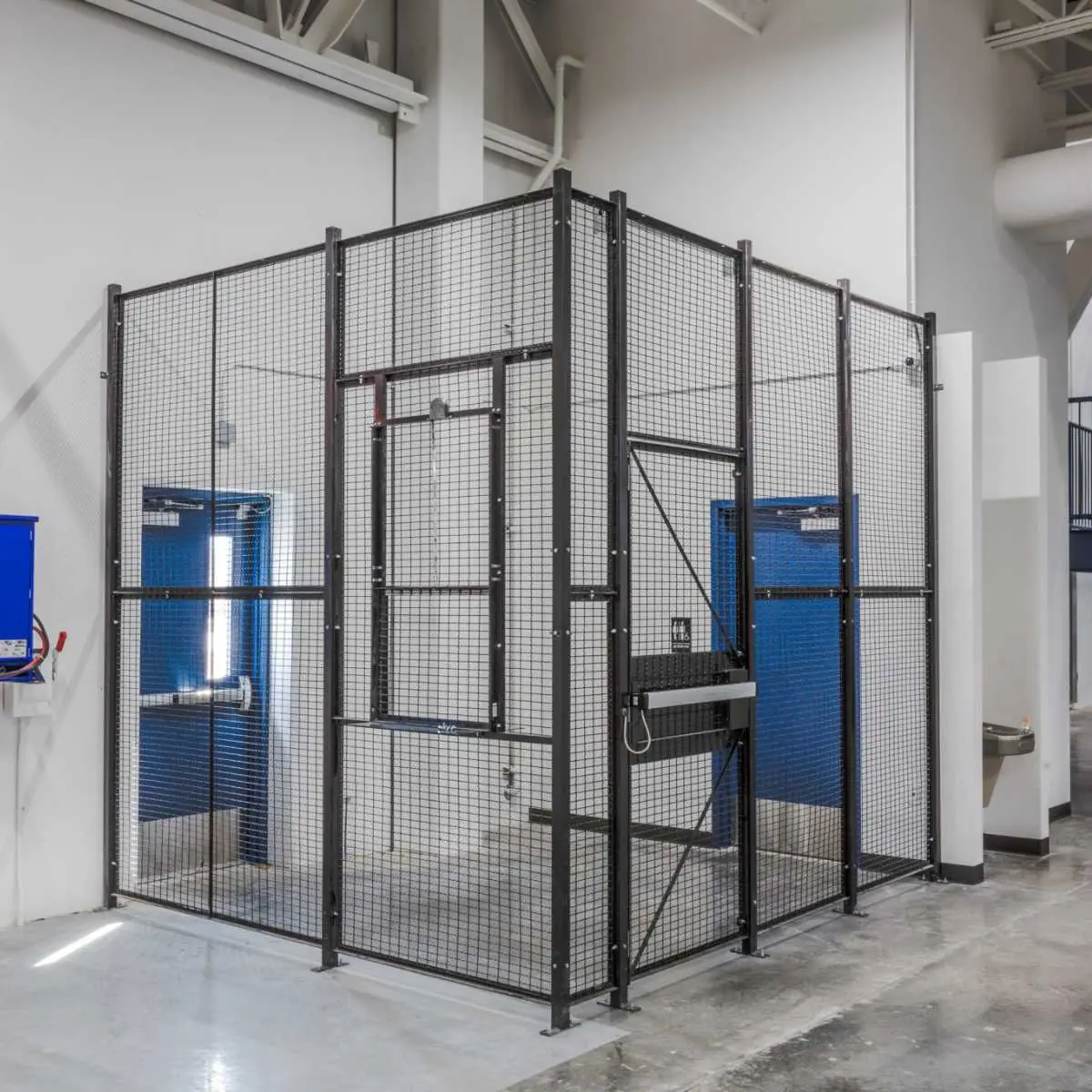 Single hinged wire mesh door with a lock box on a black security cage