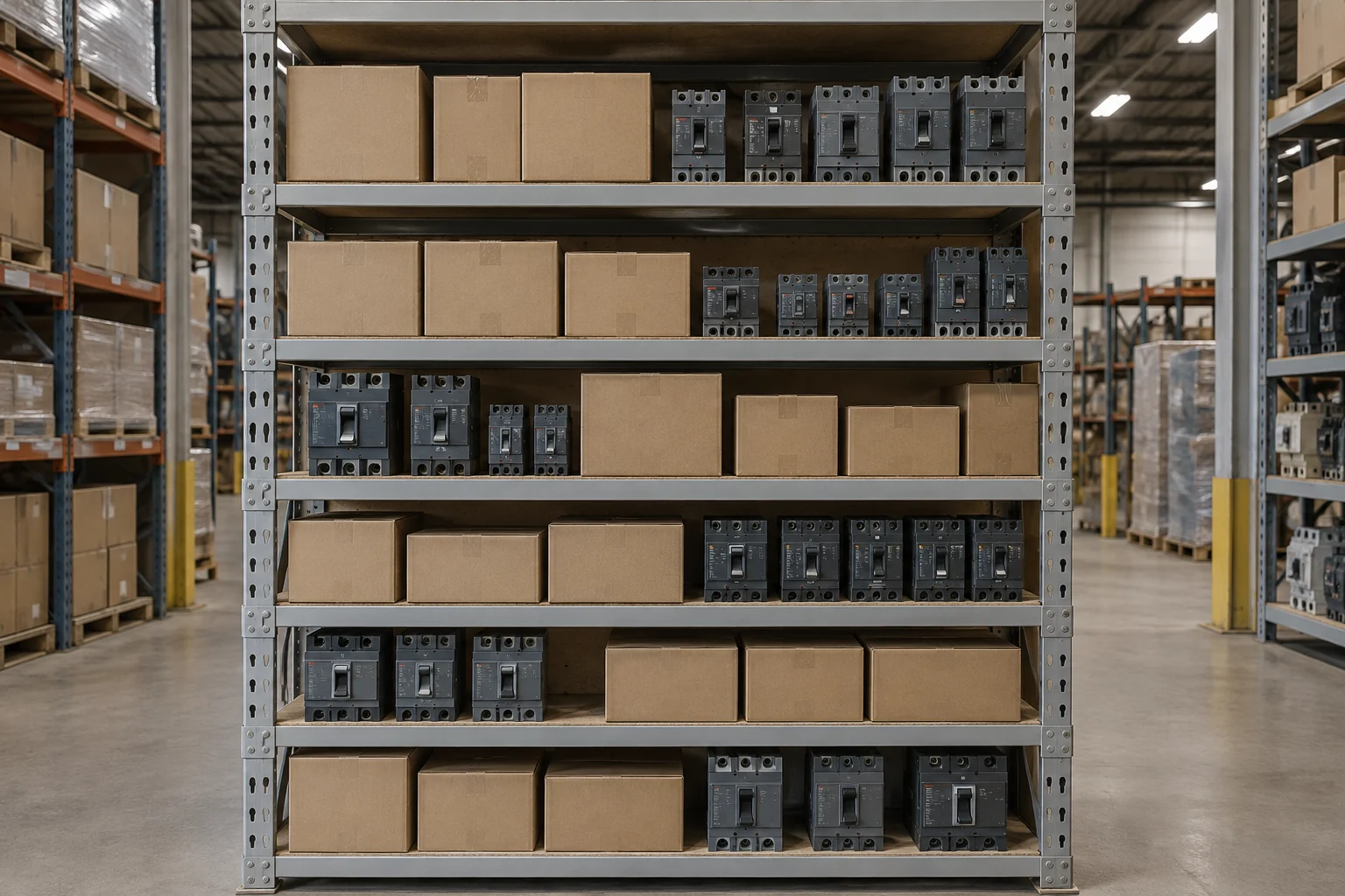 One eight foot boltless shelving unit with six evenly spaced levels holding cartons and molded case circuit breakers