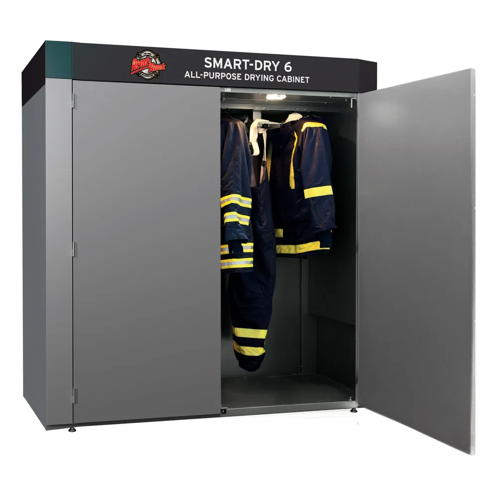 Smart-Dry 6 drying cabinet open with turnout coats and pants hung on air-flow hangers