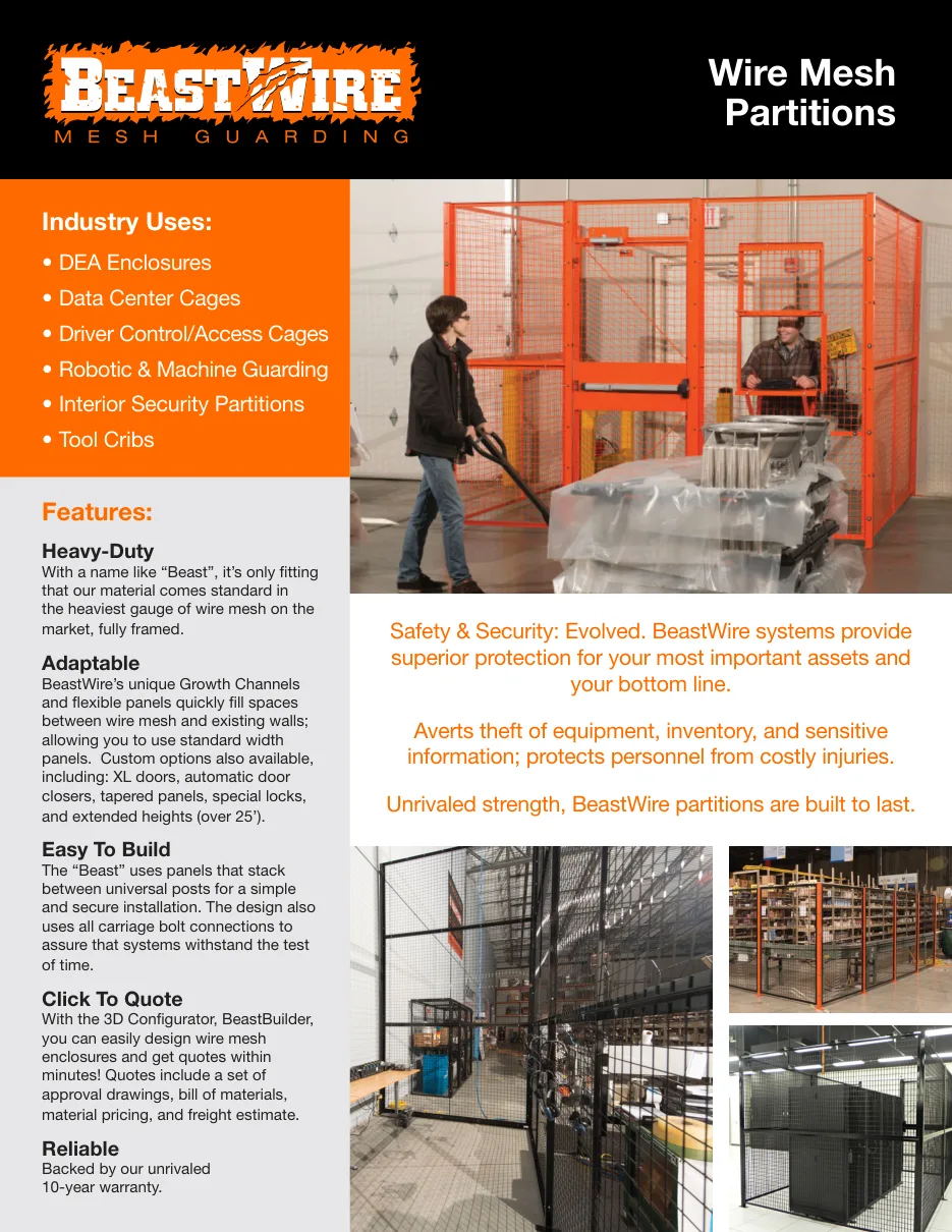 Cover of the SpaceGuard BeastWire Wire Mesh Partitions brochure showing an orange wire mesh partition enclosure in a warehouse