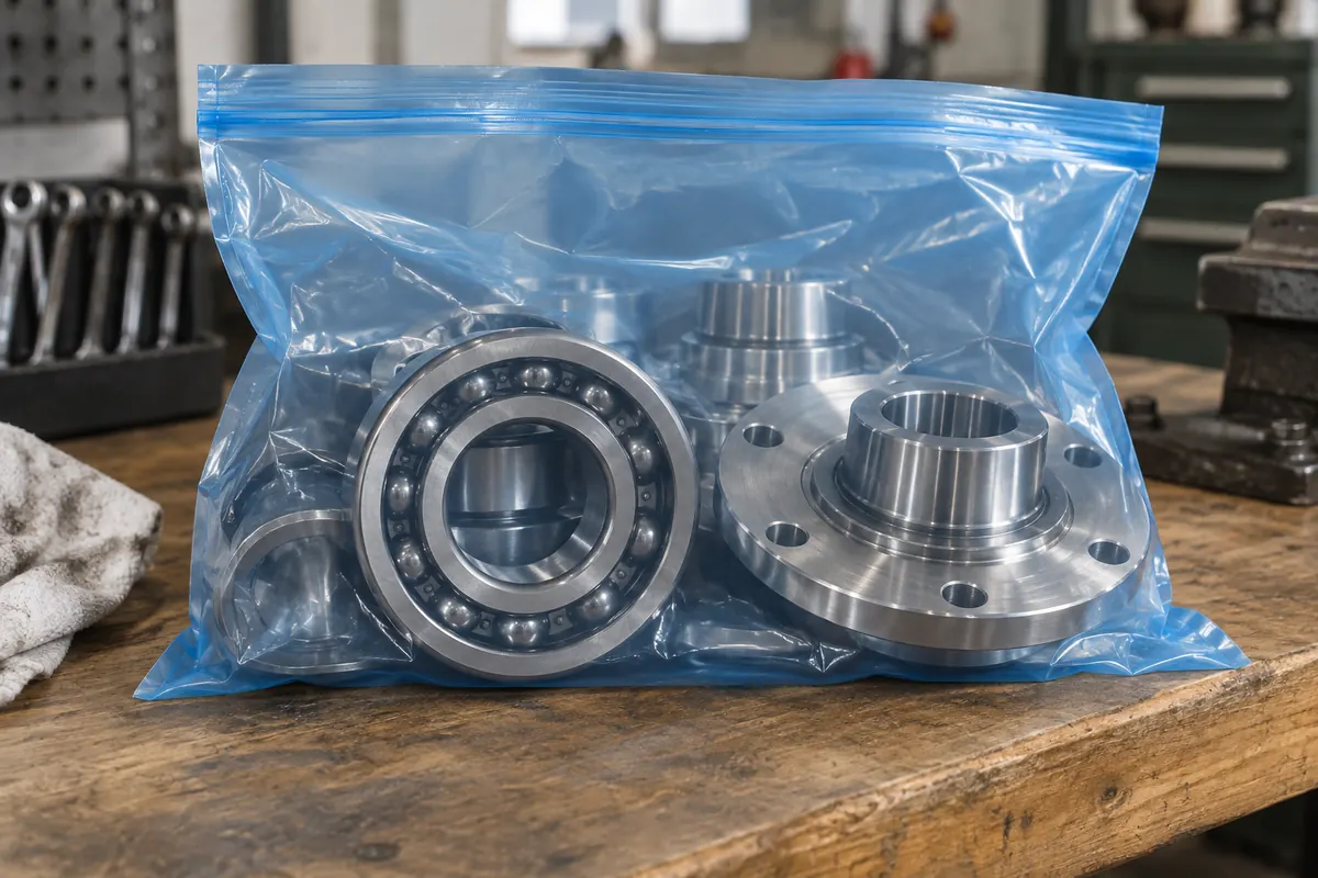 Machined steel bearings and flanges inside a translucent light-blue corrosion-inhibiting zipper bag on a workbench