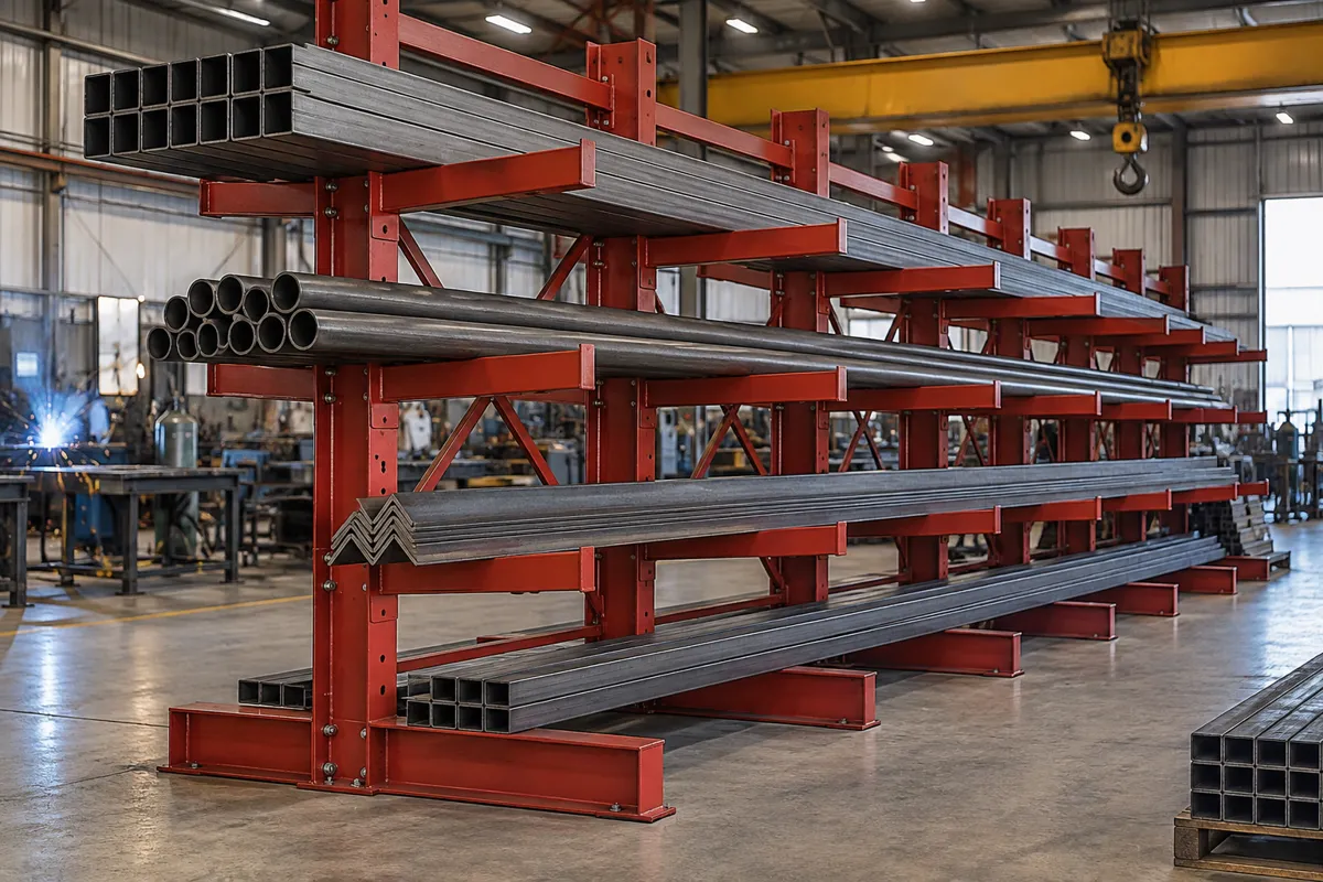 Structural cantilever rack holding steel square tube, round bar and angle in a metal fabrication shop