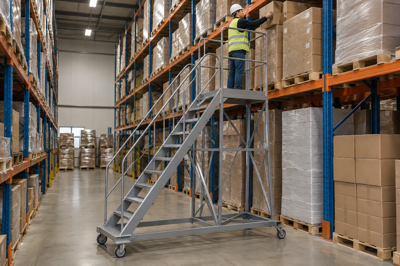 Worker on a tall gray rolling ladder with a top platform guarded on three sides by handrails in a pallet rack aisle