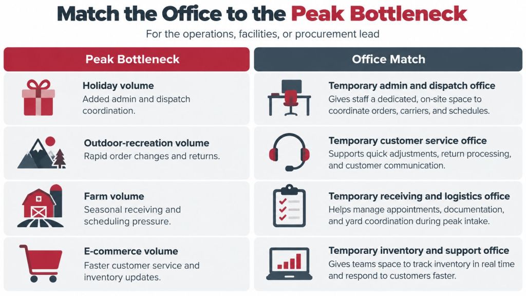 A chart illustrating different peak business volume bottlenecks and matching them to temporary office space solutions.