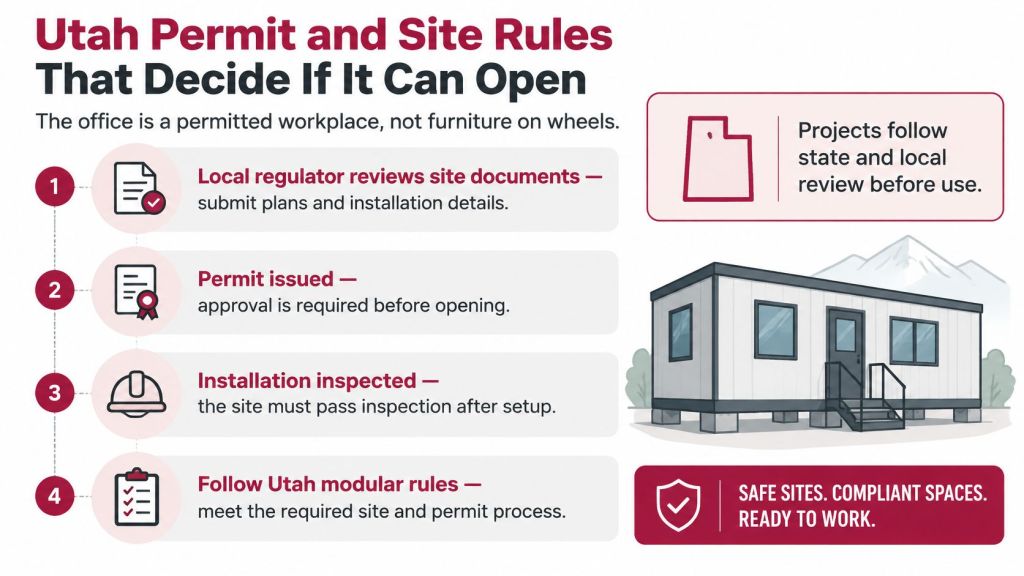A four-step infographic illustrating the required Utah permit and site rules for setting up temporary modular office spaces.