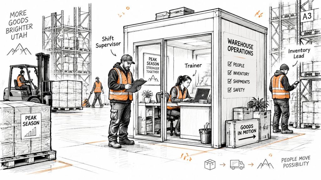 A detailed illustration of a warehouse office space with staff managing peak season logistics and operations.
