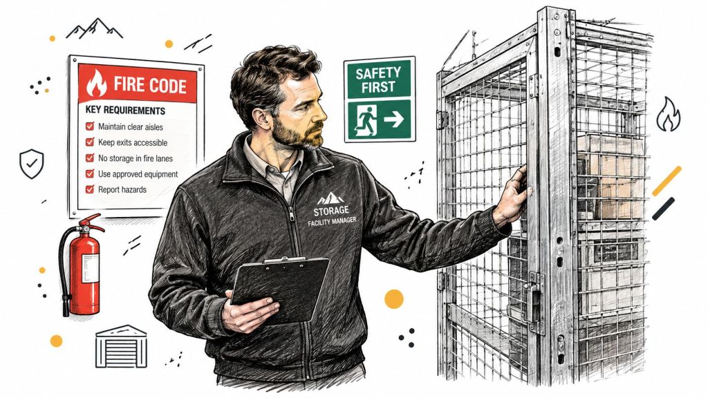 A storage facility manager inspecting a secure metal storage cage while holding a clipboard near fire safety signs.