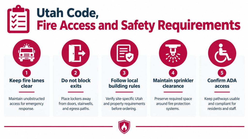 A safety infographic detailing five essential Utah fire access and safety requirements for apartment building management.