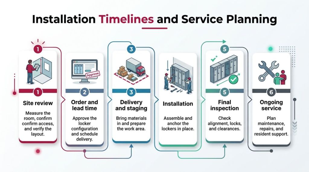An infographic showing a six-step process for planning and installing tenant storage lockers in apartment buildings.