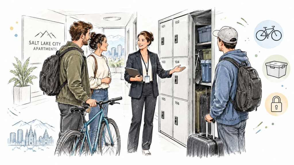 A leasing agent shows potential tenants the storage locker facilities at a Salt Lake City apartment building.