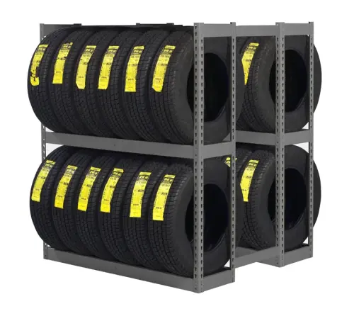 Tennsco Double Entry Tire Rack Starter Tires Gray Tennsco double-entry tire rack with two levels of tires loaded from both sides