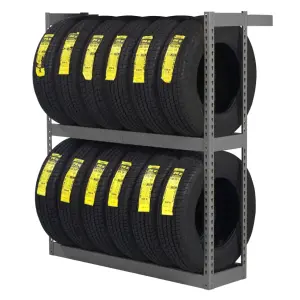 Gray Tennsco single-entry tire rack starter unit with two levels of tires stored on the tread
