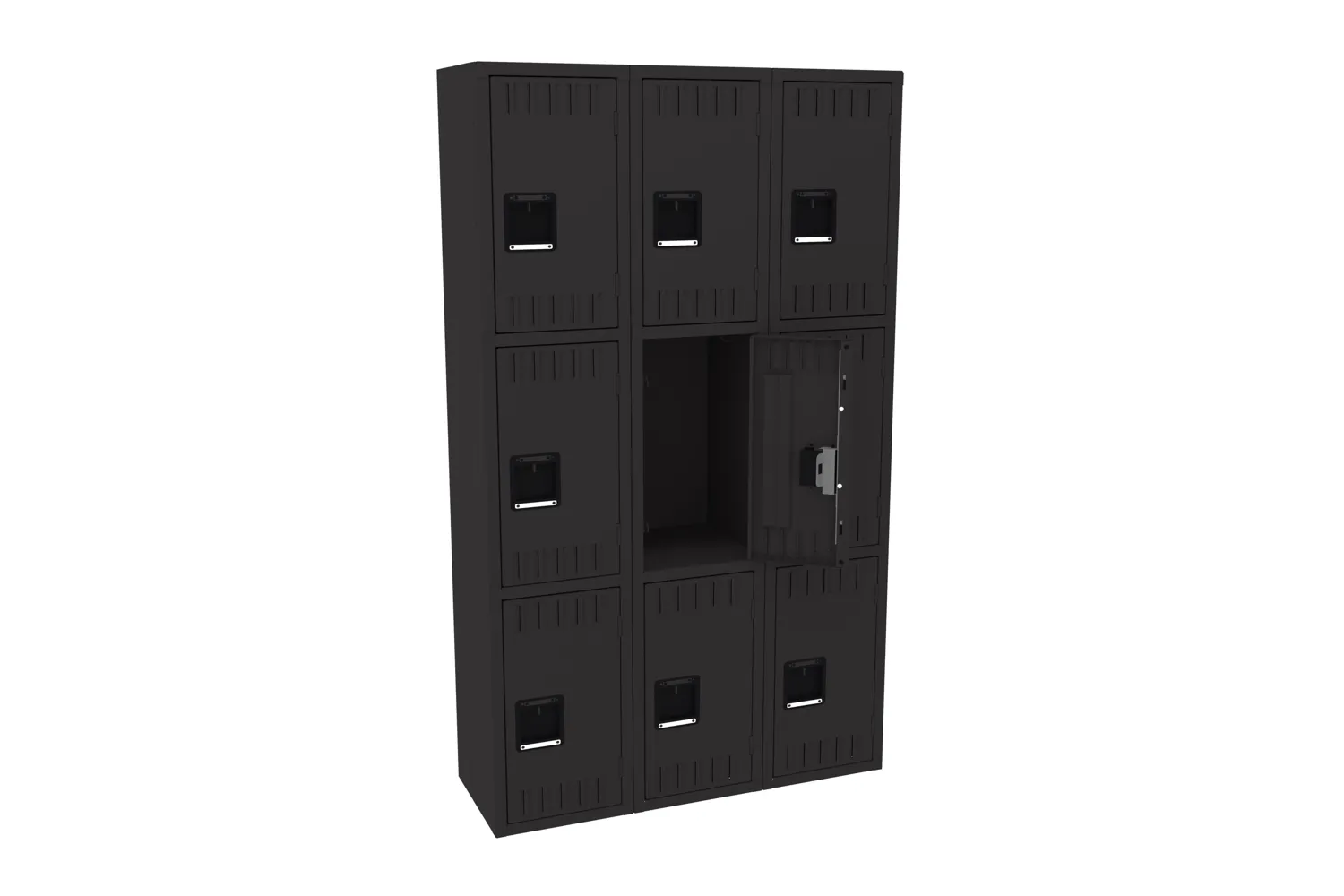 Tennsco 15 inch three-wide triple-tier steel locker without legs in black with a middle door open