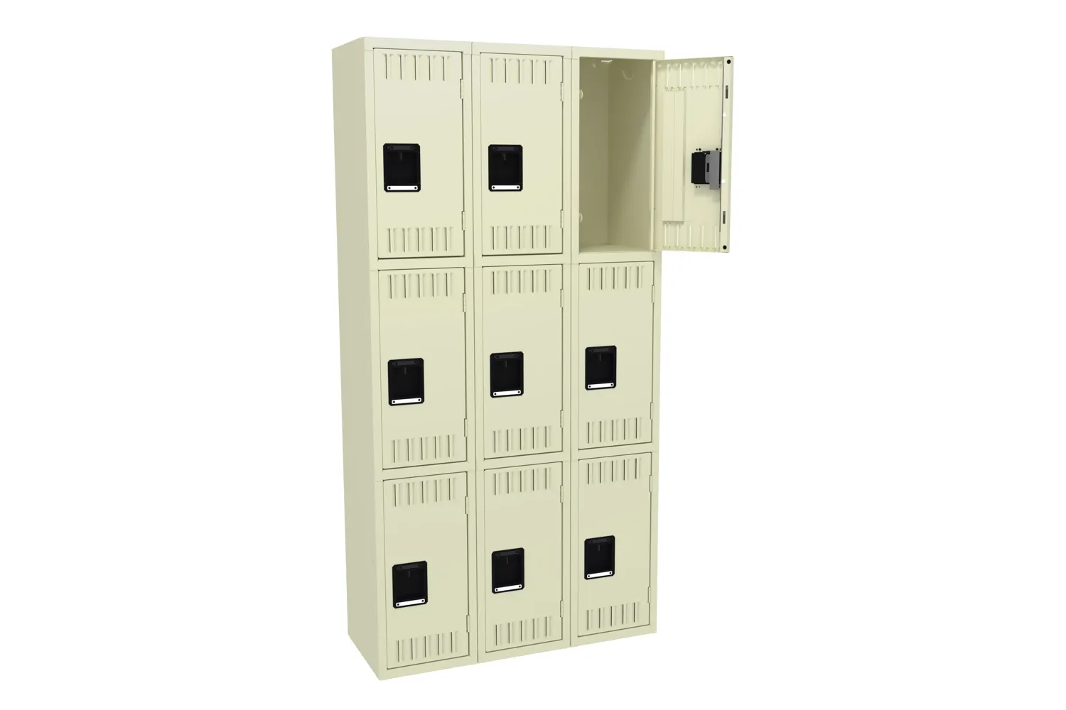 Tennsco three-wide triple-tier steel locker in putty with one door open