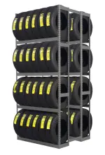 Tennsco double-entry tire rack starter unit, 60 inches wide by 120 inches high, loaded with tires