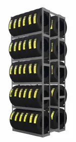 Tennsco double-entry tire rack starter unit, 60 inches wide by 144 inches high, loaded with tires