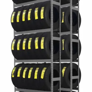 Tennsco double-entry tire rack starter unit, 60 inches wide by 144 inches high, loaded with tires