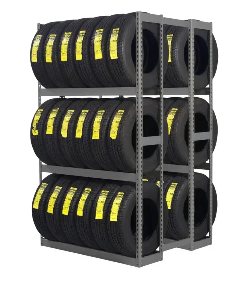 Tennsco double-entry tire rack starter unit, 60 inches wide by 84 inches high, loaded with tires