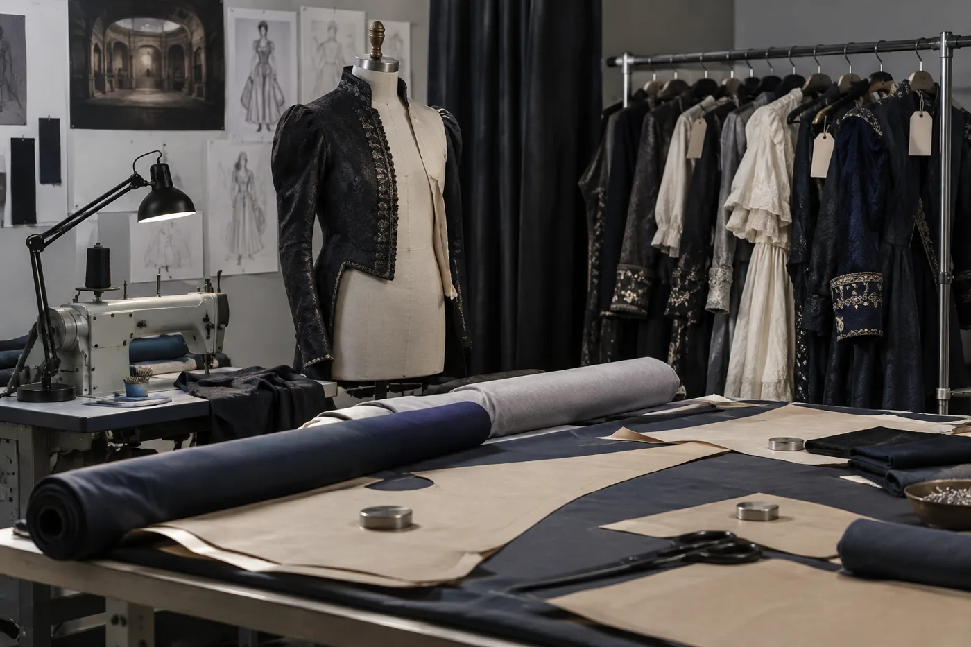Theater costume shop workroom with a cutting table, industrial sewing machine, dress form and a rolling rack of tagged show costumes