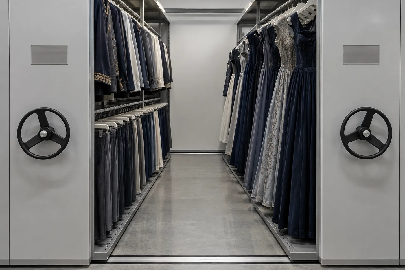 Open mobile shelving aisle with double-tier garment rods of jackets and trousers on one carriage and full-length gowns on the other