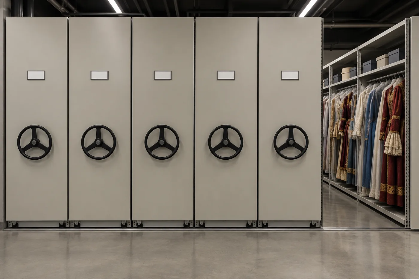 Front-facing mobile shelving carriage end panels with waist-height handwheels in a theater costume storage room, one aisle open to hanging period costumes