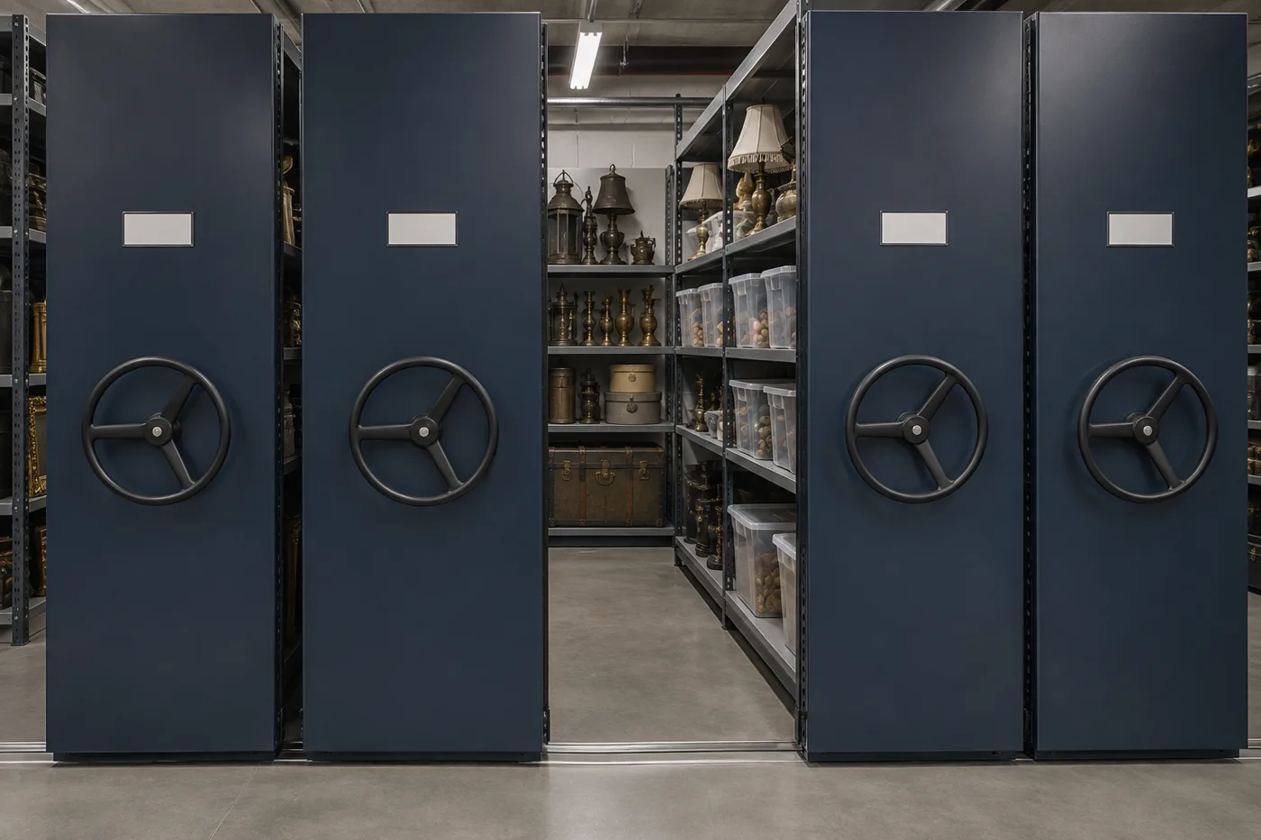 Navy mobile shelving carriages with handwheels in a performing arts props room, one aisle open to lamps, candlesticks, trunks and clear prop bins