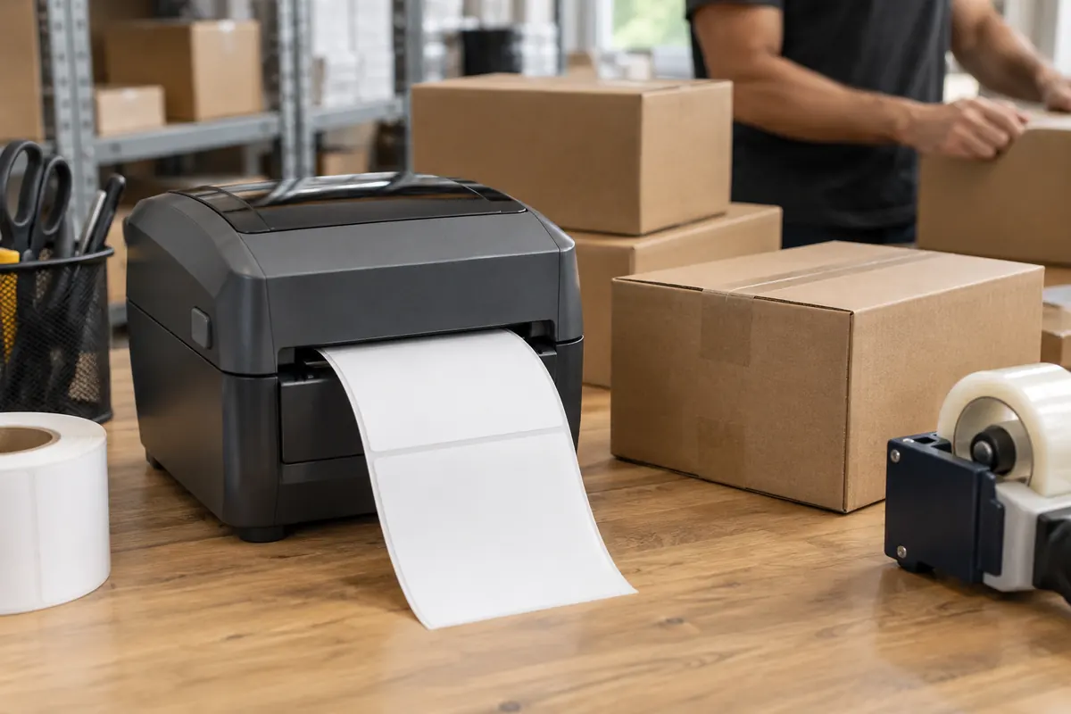 Desktop thermal label printer printing blank shipping labels at a packing station with cartons