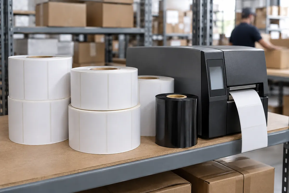 Rolls of blank white thermal transfer labels and a black ribbon roll beside an industrial label printer