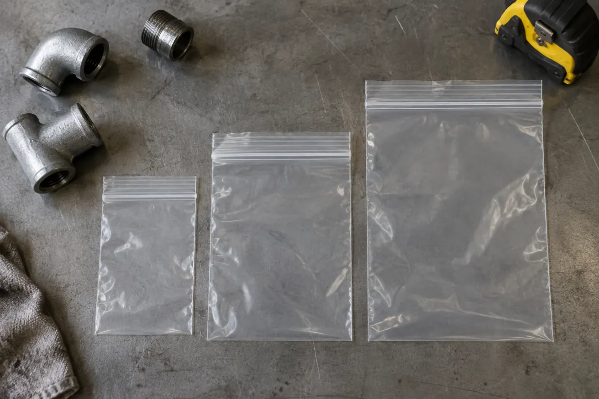 Three empty heavy-duty clear reclosable zipper bags in small, medium and large sizes on a steel workbench
