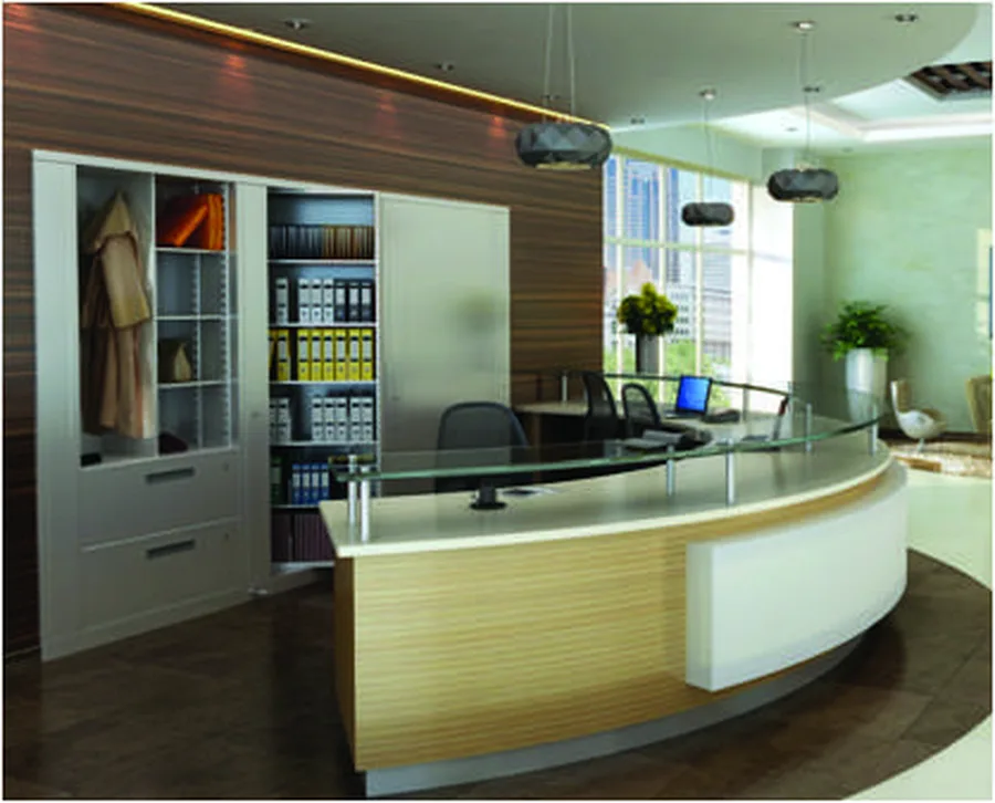 Times-2 cabinets built into an alcove behind a reception desk, one open to a wardrobe section with a coat