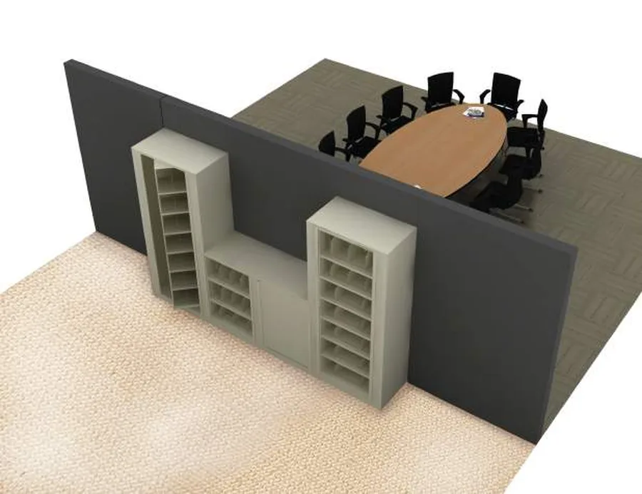 Rendering of Times-2 pass-through cabinets set into a wall between a conference room and a service area