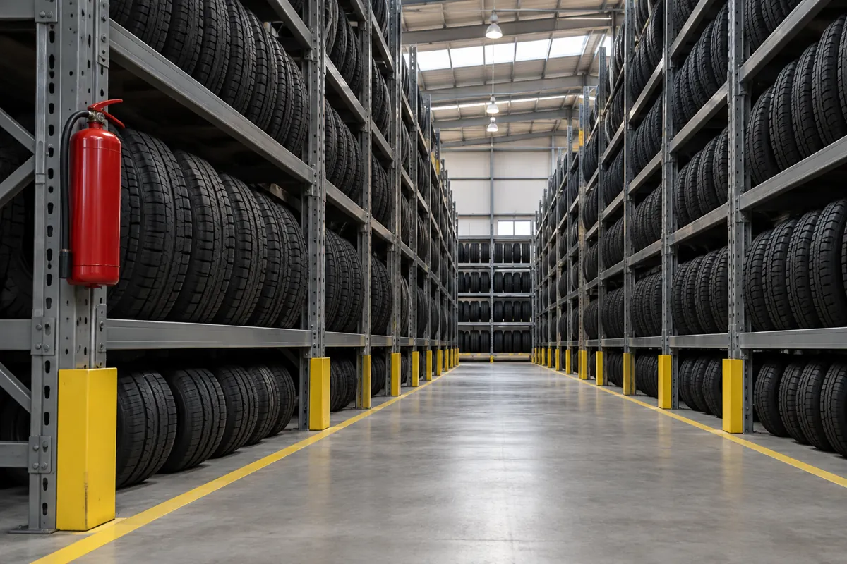 Clear aisle between tall tire racks with a fire extinguisher on an end column and yellow floor striping