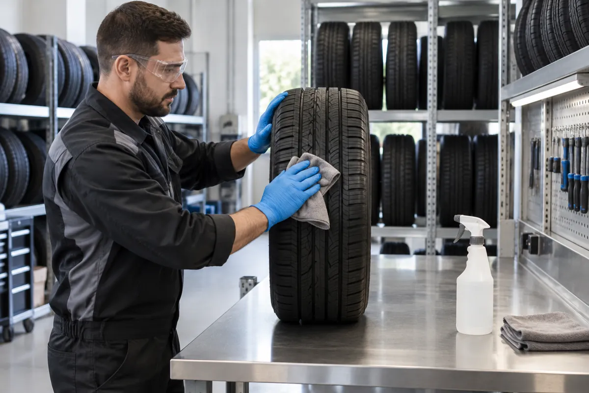 Technician in gloves wiping a tire clean on a stainless bench before it goes into storage