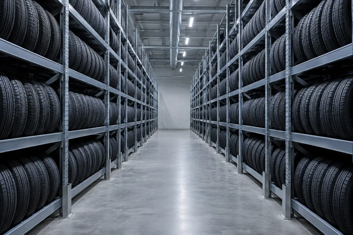 Cool, dry tire warehouse aisle with tall steel tire racks and a clean concrete floor