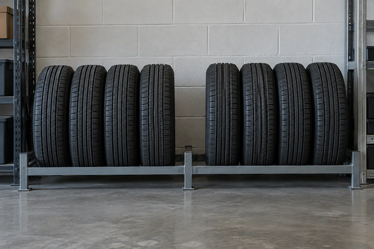 Tires raised off the floor on a low steel rack with a smooth deck against a block wall
