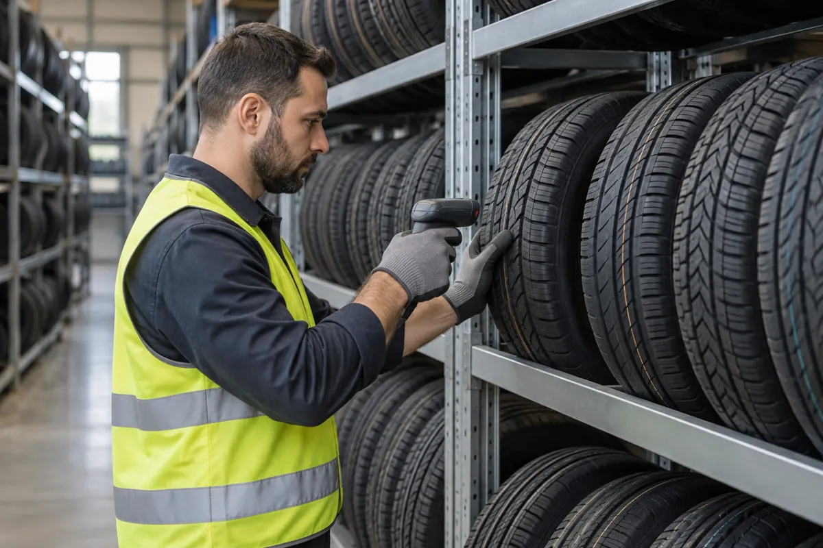 Warehouse worker scanning a tire on a steel rack level to check stock age and rotation