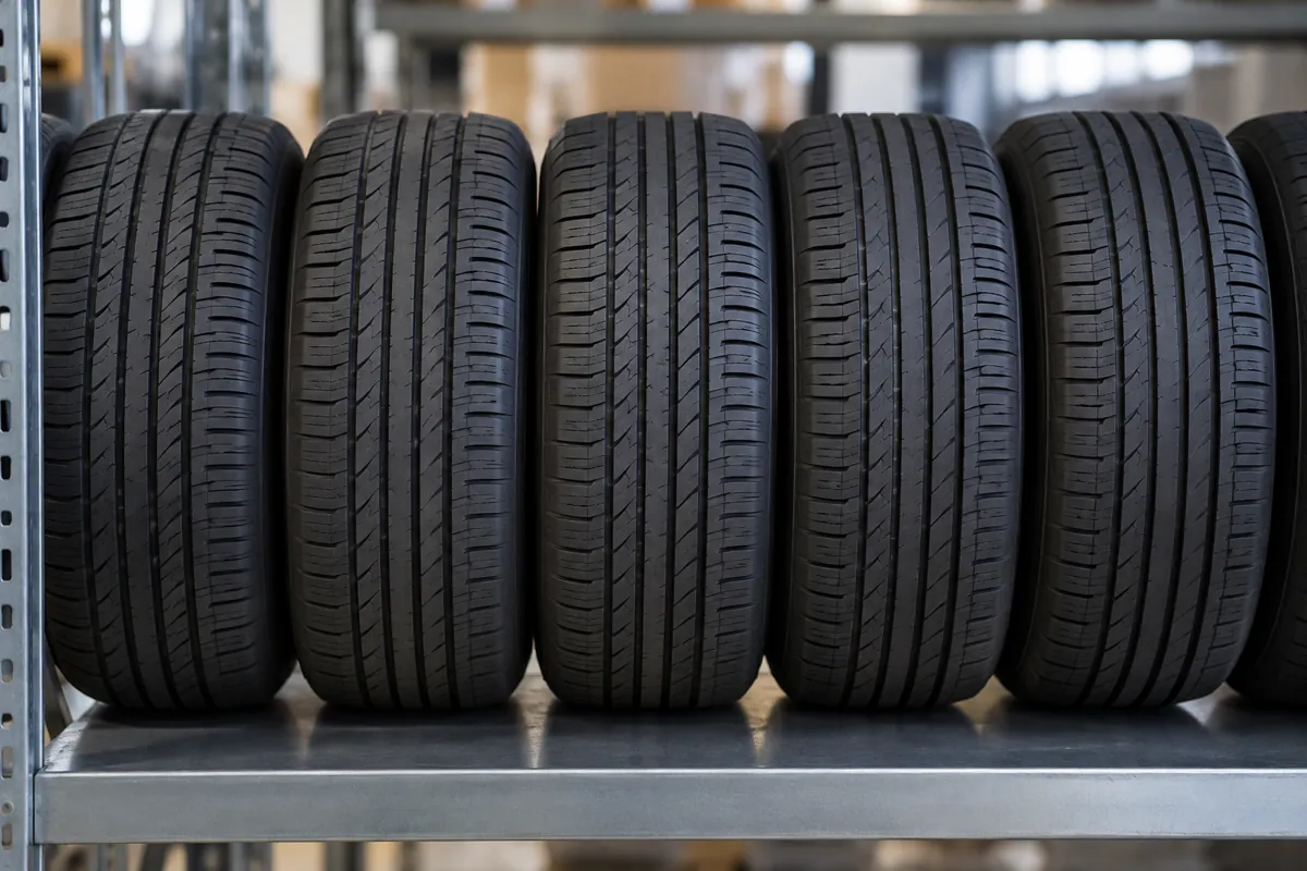 Row of new unmounted tires standing upright on their tread, sidewall to sidewall, on a smooth steel rack deck
