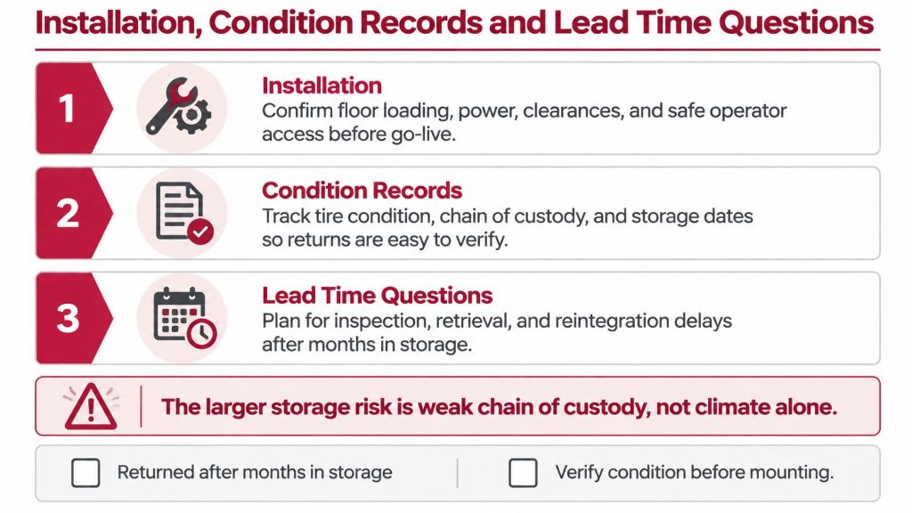 An infographic titled Installation, Condition Records and Lead Time Questions outlining best practices for storing and retrieving tires.