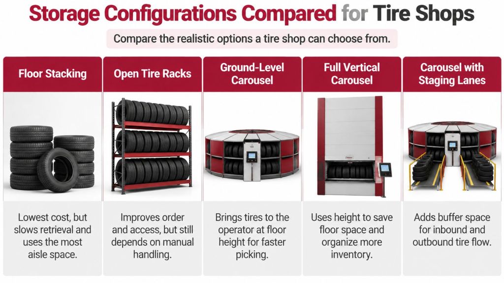 A comparison chart showing five different tire storage configurations used in automotive tire shops for efficiency.