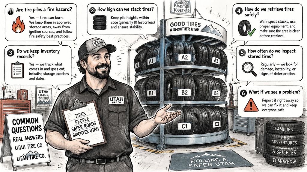 A professional tire technician standing in front of a rotating tire storage carousel with instructional safety guidelines.