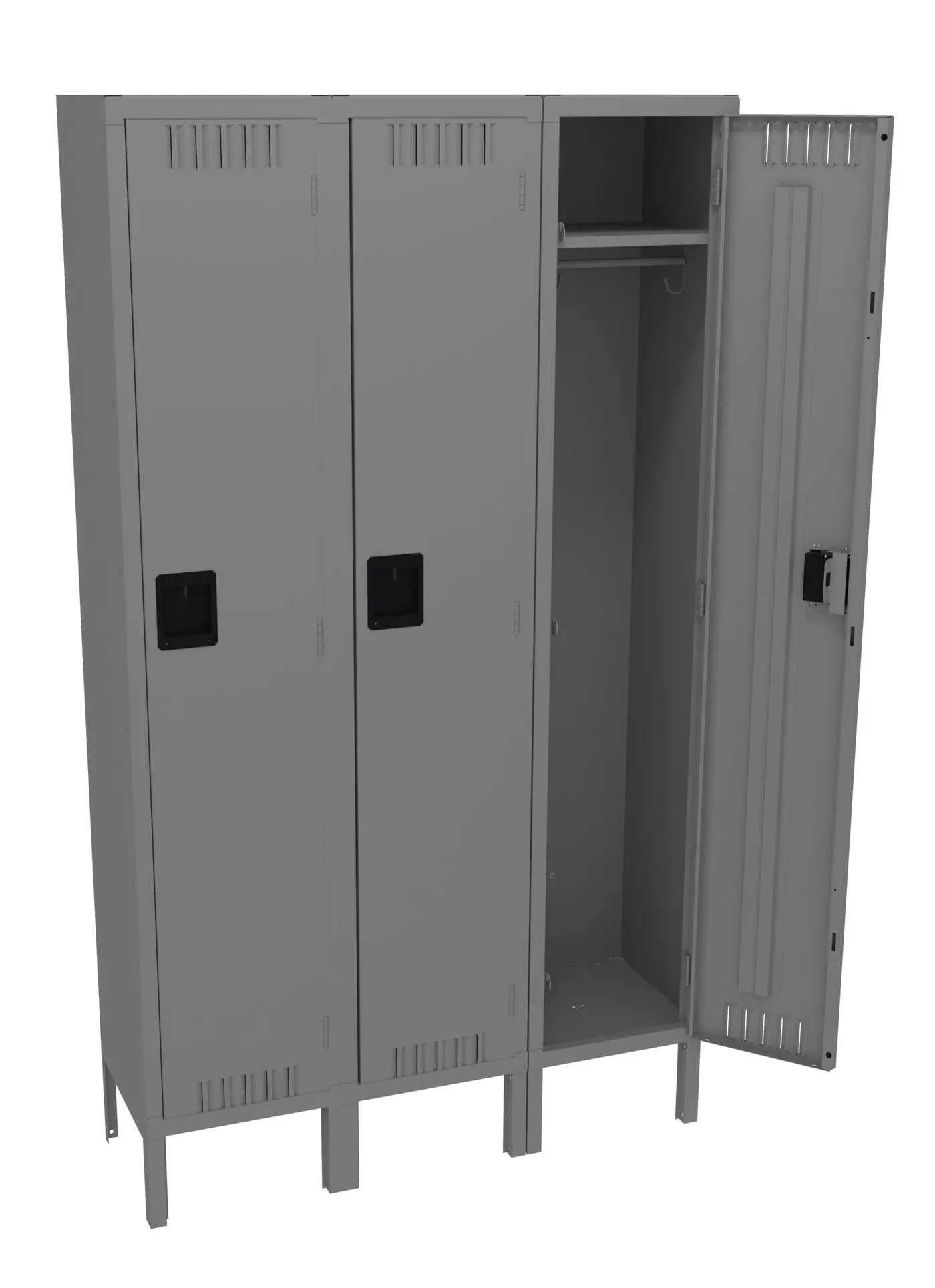 Tennsco 36 inch three-wide single-tier steel locker with legs in medium grey with one door open showing hat shelf and coat rod