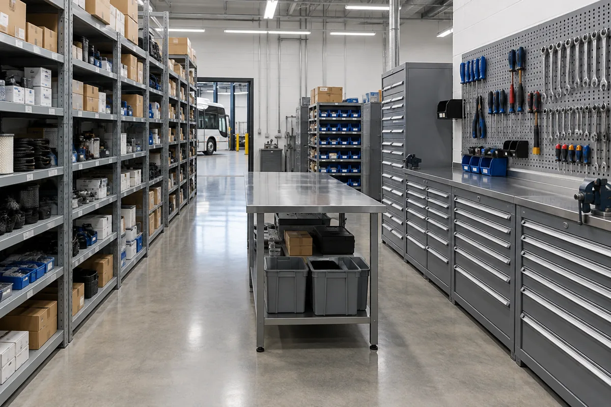 Steel clip shelving, modular drawer cabinets, pegboard tool wall and steel-top work table in the parts room of a new transit bus maintenance facility